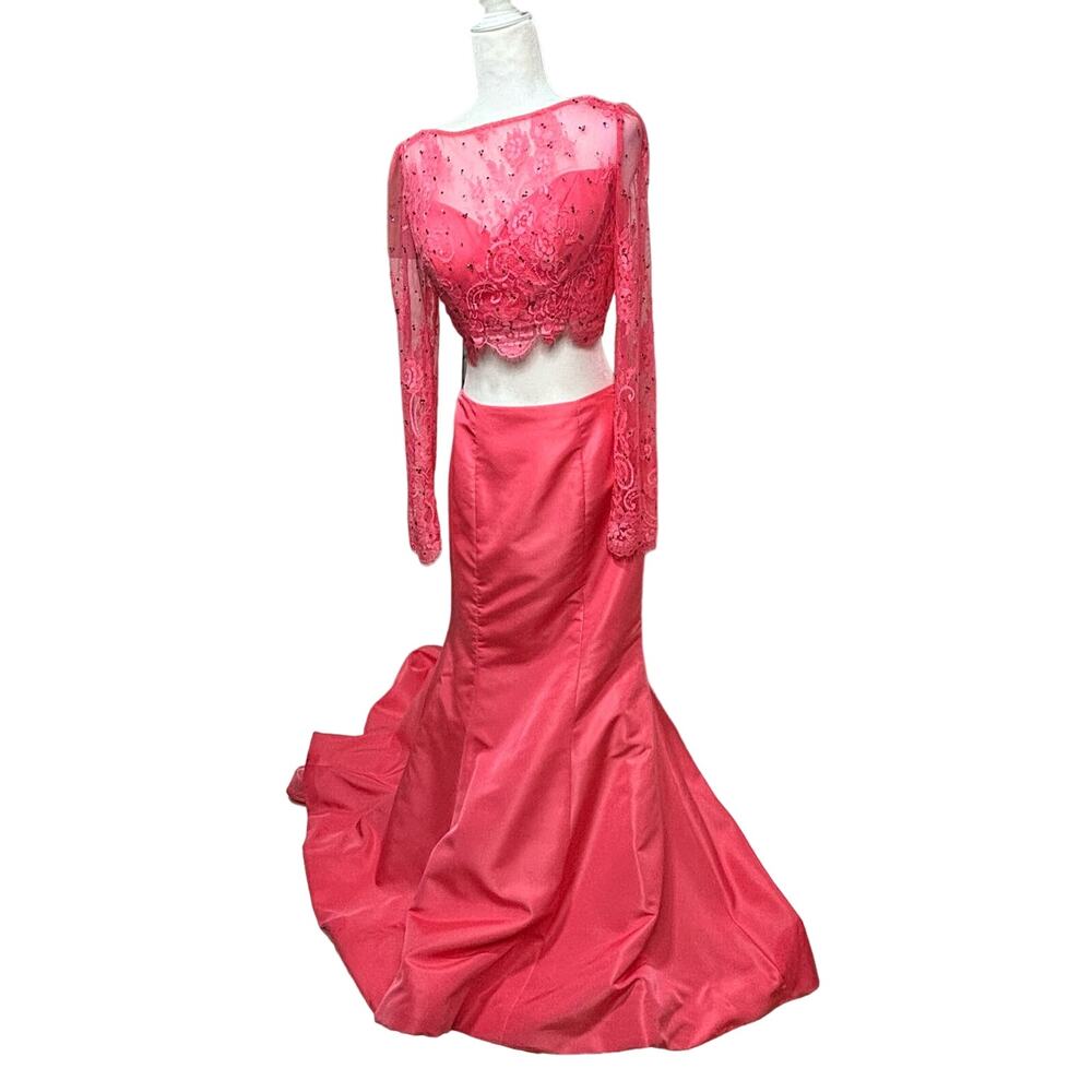 Sherri Hill Long Sleeve Lace Crop Top Full Length Mermaid Train Skirt Pink 10